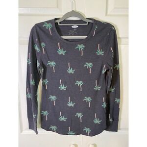 Old Navy Womens Large Thermal Waffle Knit Palm Tree Print Long Sleeve Top Gray